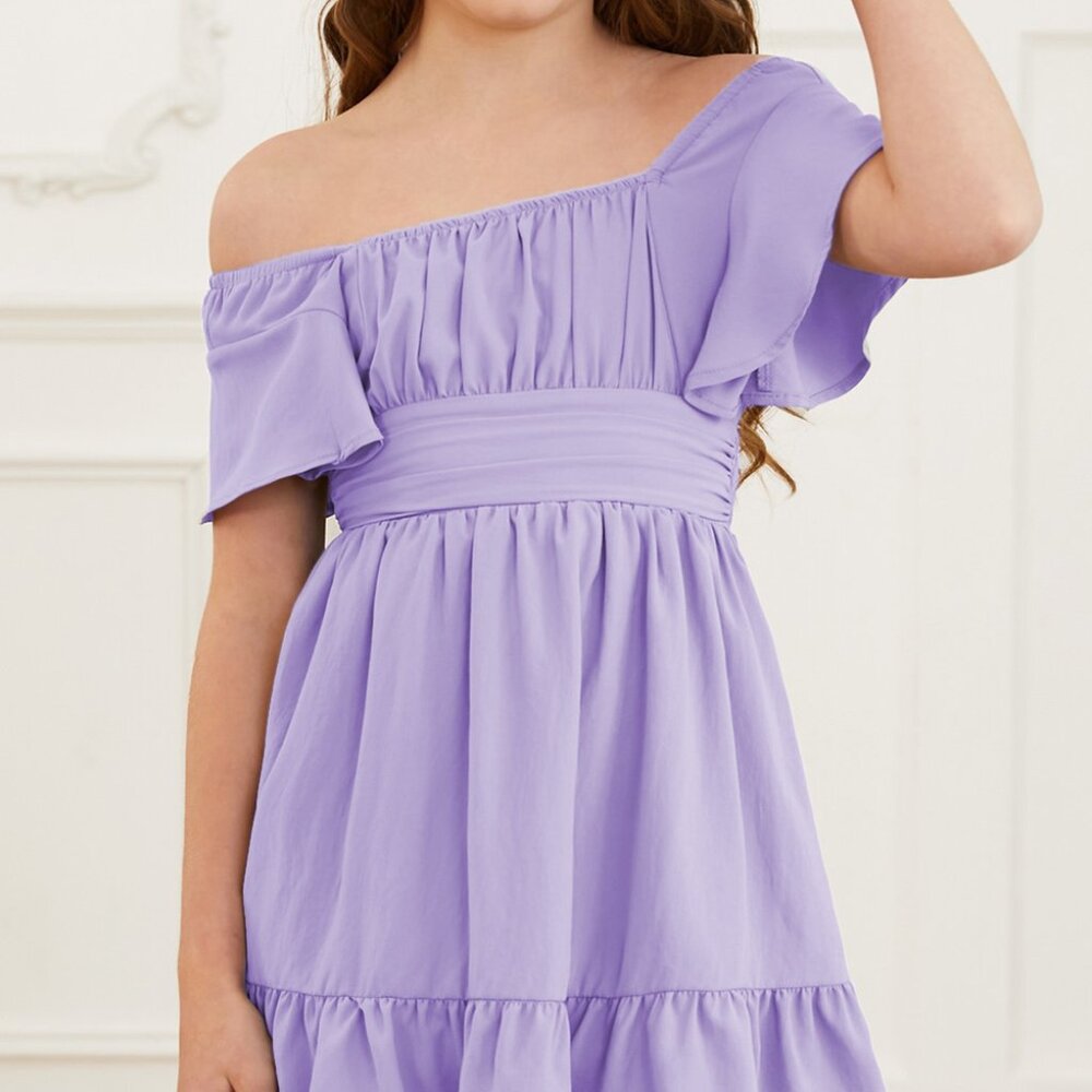 Girls Lavender Off-Shoulder Dress | Ruffle Hem | Sizes S–2XL